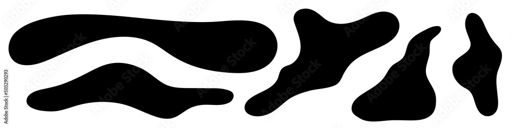 Liquid amorphous shapes, asymmetric irregular forms, black organic fluid blobs. Isolated silhouette, simple smooth ink stain. Flat design elements. Vector illustration Liquid amorphous shapes, asymmetric irregular forms, black organic fluid blobs. Isolated silhouette, simple smooth ink stain. Flat design elements. Vector illustration