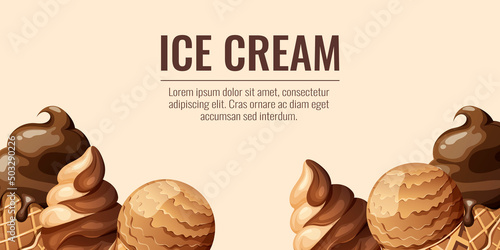 Ice cream in waffle cups, background with space for text. Vector illustration of summer sweets for banner, poster, website design, social media