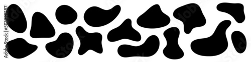Liquid amorphous shapes, asymmetric irregular forms, black organic fluid blobs. Isolated silhouette, simple smooth ink stain. Flat design elements. Vector illustration