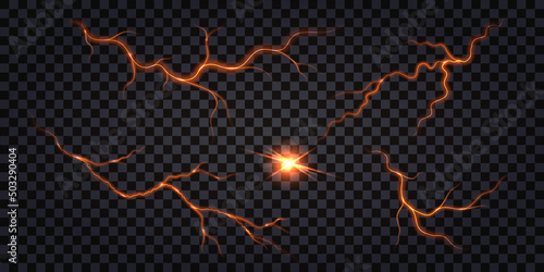 Lightning thunder bolt, glowing light effect. Earthquake ground cracks, molten lava fire lines; hot magma breaks and swirls. Volcano lines isolated on dark background. Vector illustration