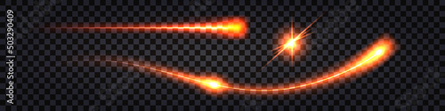 Fire glowing trail, laser beam, shiny neon light effect. Electric thunder bolt, red glowing ray lines isolated on dark transparent background. Vector illustration