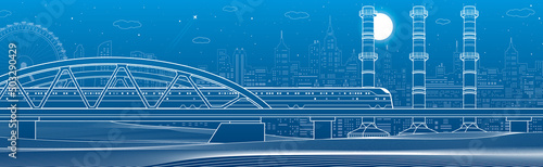 Train rides on the bridge. Three industrial pipes. City industry and transport illustration. Urban scene. White lines on blue background. Vector design art