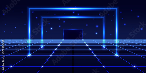 Neon glowing galaxy gate. Blue cyber space portal. Synthwave blue background with neon light effect, perspective 3d view, night starry sky, laser beams, luminous lines. Vector illustration