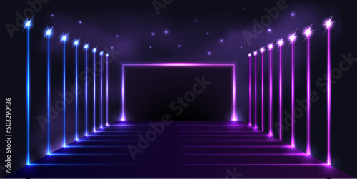 Neon glowing gate, vaporwave background with blue and purple light effect. Galaxy portal, starry sky. Cyberpunk perspective 3d view. Retro synthwave design. Vector illustration
