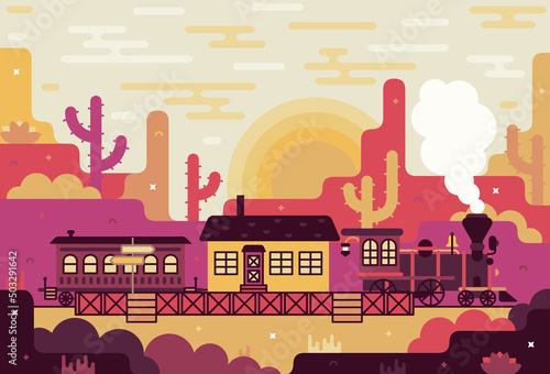Old train stands at the railway station. Wild west illustration, desert with cacti and passenger station. Vector illustration