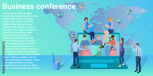Business conference.People hold a business meeting using an internet video connection.People on the background of a working laptop.Vector illustration.