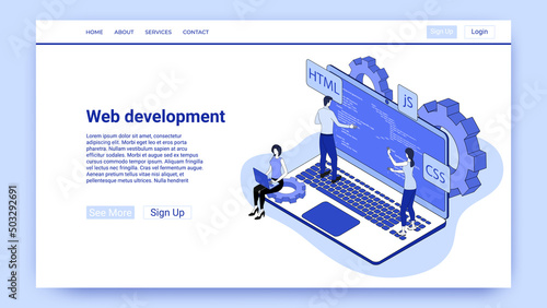 Web development.People are developing applications against the background of a large laptop.Web development.An illustration in the style of the landing page is blue.