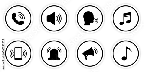 Sound Loudspeaker Mobile Phone Handset Musical Note Human Black Round Button Silhouette Icon Set. Call Notification Volume Pictogram. Speak Zone Area Flat Symbol. Isolated Vector Illustration