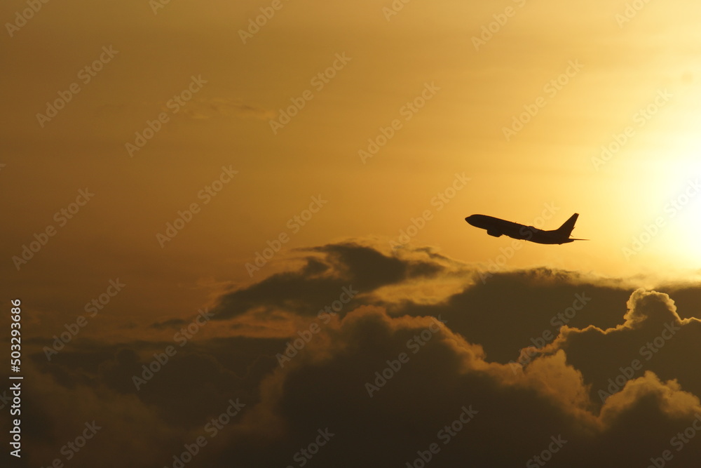 Fototapeta premium Aircraft taking off on the dawn sky