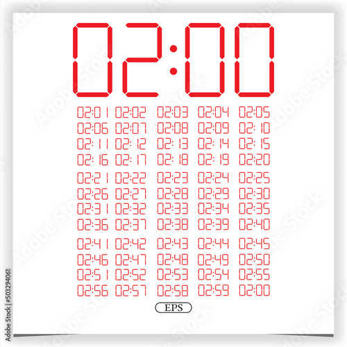 Digital clock closeup displaying  2 o'clock. Red Digital clock number set electronic figures Premium Vector