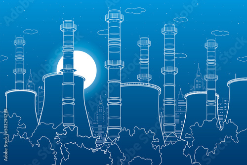 Industry illustration. Factory thermal power plant. Urban scene. Pipes and smoke. White lines on blue background. Vector design art