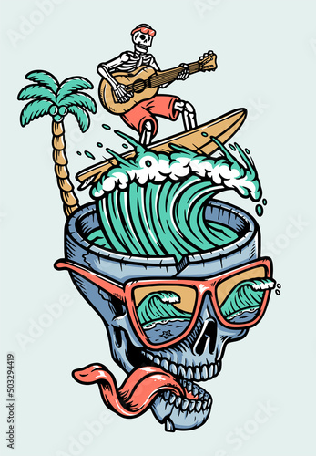 Photography Skull surfing while playing guitar