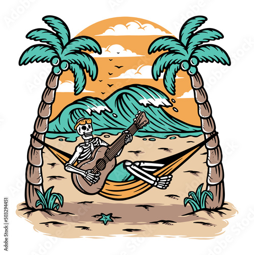 Skull playing guitar on the beach