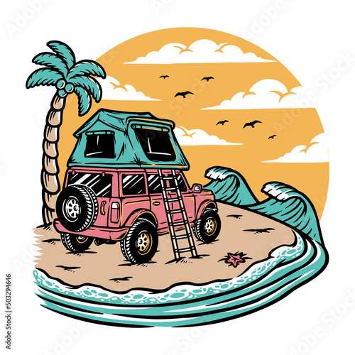 Camping on the beach illustration