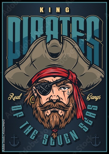 Poster with pirate face, wearing hat and eye patch marine illustration vintage style