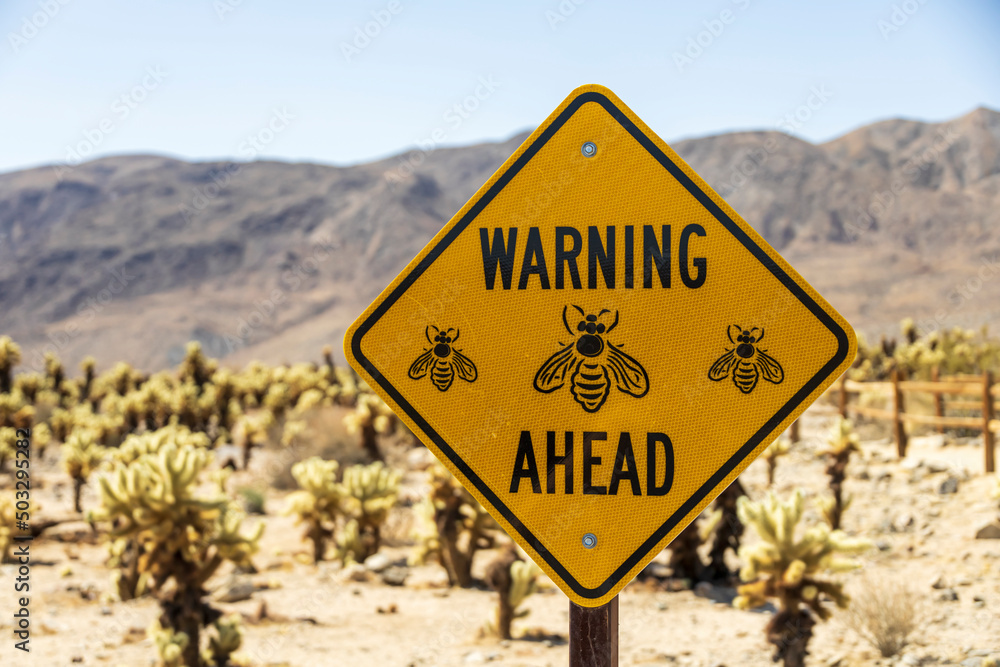 Warning sign of bumble bees in a garden ahead