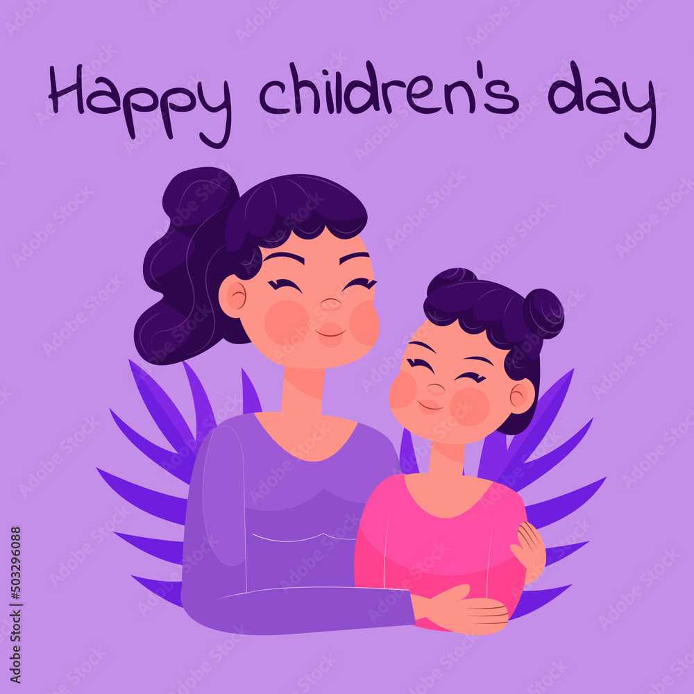 Mom and daughter happily hug and smile. Illustration in a flat style and bright colors (lilac, pink) with palm leaves on the background. Happy Children's Day. Happy Mother's Day. Greeting card Mom and daughter happily hug and smile. Illustration in a flat style and bright colors (lilac, pink) with palm leaves on the background. Happy Children's Day. Happy Mother's Day. Greeting card