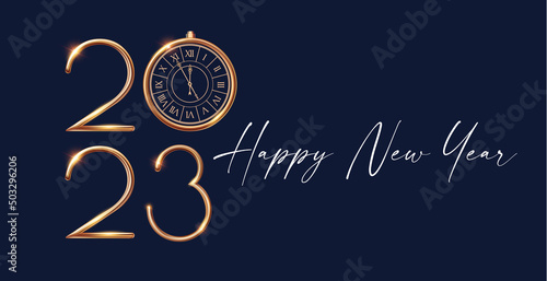 Happy 2023 New Year Elegant Christmas congratulation with 3D realistic gold metal text