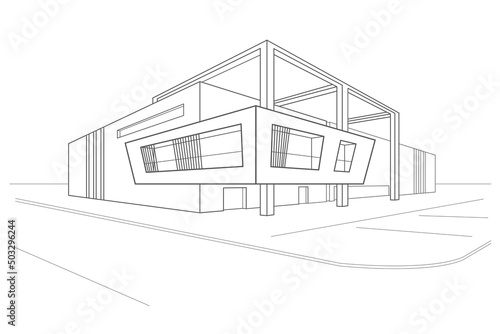 Linear modern abstract building with overhanging part on white background