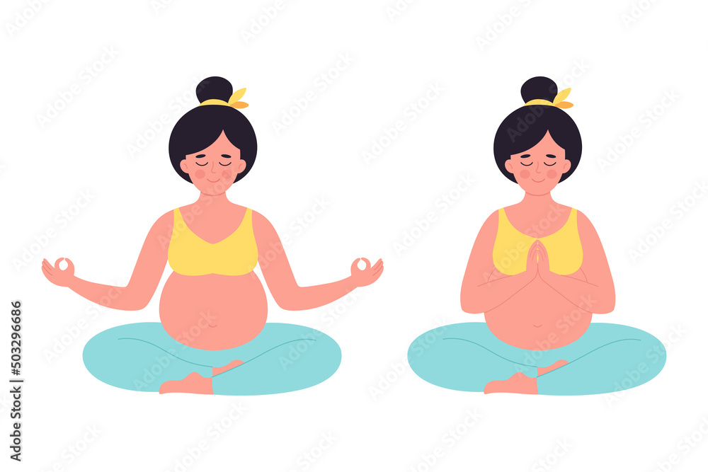 Pregnant woman meditating in lotus pose. Healthy pregnancy, yoga, relax, breathing exercise. Hand drawn vector illustration