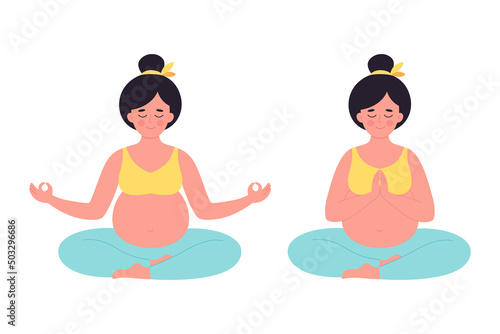 Pregnant woman meditating in lotus pose. Healthy pregnancy, yoga, relax, breathing exercise. Hand drawn vector illustration