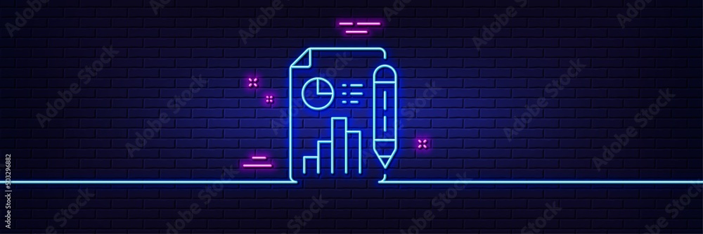 Neon light glow effect. Report document line icon. Column graph sign. Growth diagram, pie chart symbol. 3d line neon glow icon. Brick wall banner. Report document outline. Vector Neon light glow effect. Report document line icon. Column graph sign. Growth diagram, pie chart symbol. 3d line neon glow icon. Brick wall banner. Report document outline. Vector
