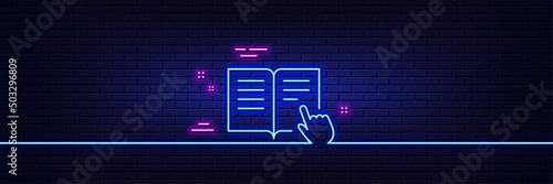 Neon light glow effect. Instruction Book line icon. Education with hand pointer symbol. E-learning sign. 3d line neon glow icon. Brick wall banner. Read instruction outline. Vector
