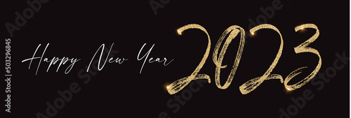 Happy new 2023 year Elegant gold glitter text with light. Minimal text template