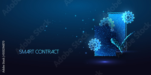 Futuristic smart contract concept with glowing approved signed paper document, cog gears and phone 