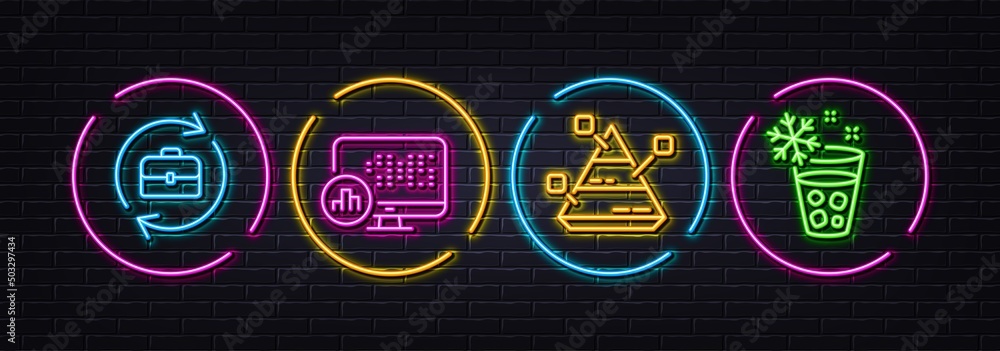 Naklejka premium Pyramid chart, Report statistics and Human resources minimal line icons. Neon laser 3d lights. Ice maker icons. For web, application, printing. Report analysis, Graph chart, Job recruitment. Vector