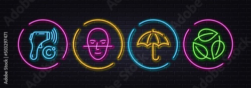 Umbrella, Face recognition and Electronic thermometer minimal line icons. Neon laser 3d lights. Leaves icons. For web, application, printing. Safe secure, Faces biometrics, Temperature scan. Vector
