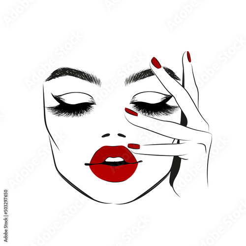 woman face with red lips and lashes