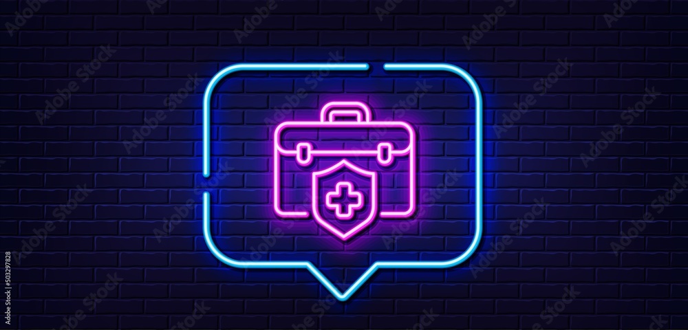 Neon light speech bubble. Medical insurance line icon. Health coverage sign. Protection policy symbol. Neon light background. Medical insurance glow line. Brick wall banner. Vector Neon light speech bubble. Medical insurance line icon. Health coverage sign. Protection policy symbol. Neon light background. Medical insurance glow line. Brick wall banner. Vector