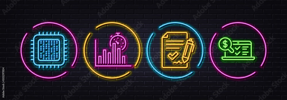 Report timer, Approved agreement and Cpu processor minimal line icons. Neon laser 3d lights. Online accounting icons. For web, application, printing. Vector