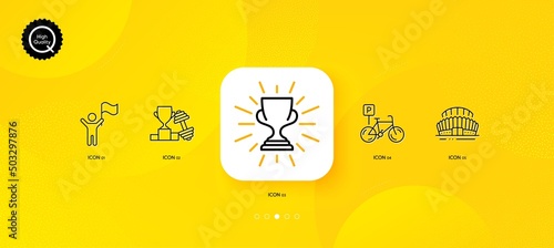 Bicycle parking, Dumbbell and Trophy minimal line icons. Yellow abstract background. Sports stadium, Leadership icons. For web, application, printing. Bike park, Winner cup, Championship arena. Vector