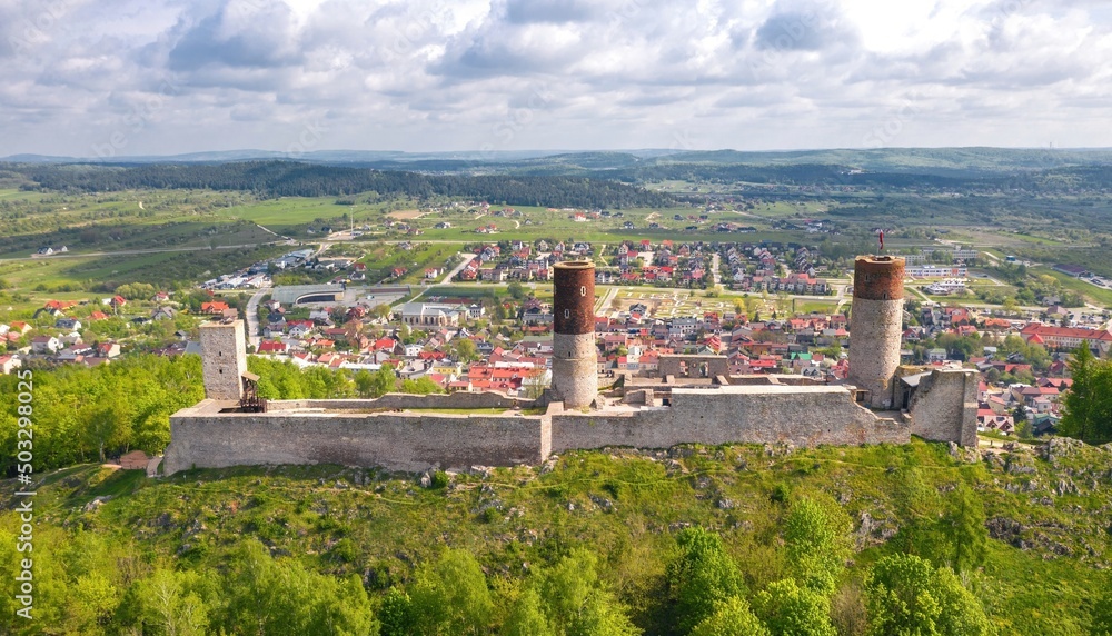 Aerial drone view, scenic summer evening landscape of Chęciny Castle (Kielce County, Świętokrzyskie Voivodeship) in Poland