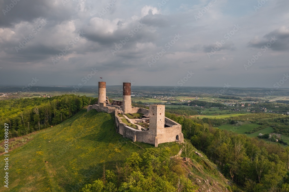 Aerial drone view, scenic summer evening landscape of Chęciny Castle (Kielce County, Świętokrzyskie Voivodeship) in Poland
