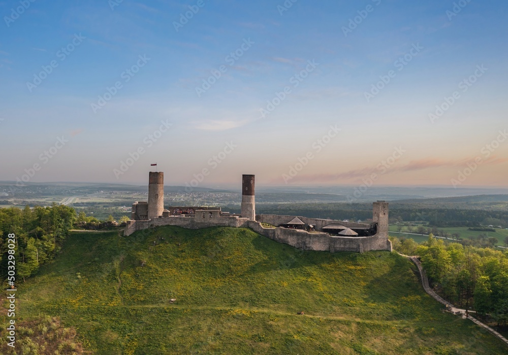 Aerial drone view, scenic summer evening landscape of Chęciny Castle (Kielce County, Świętokrzyskie Voivodeship) in Poland