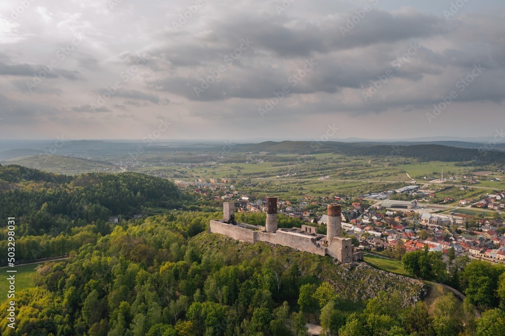 Fototapeta premium Aerial drone view, scenic summer evening landscape of Chęciny Castle (Kielce County, Świętokrzyskie Voivodeship) in Poland 