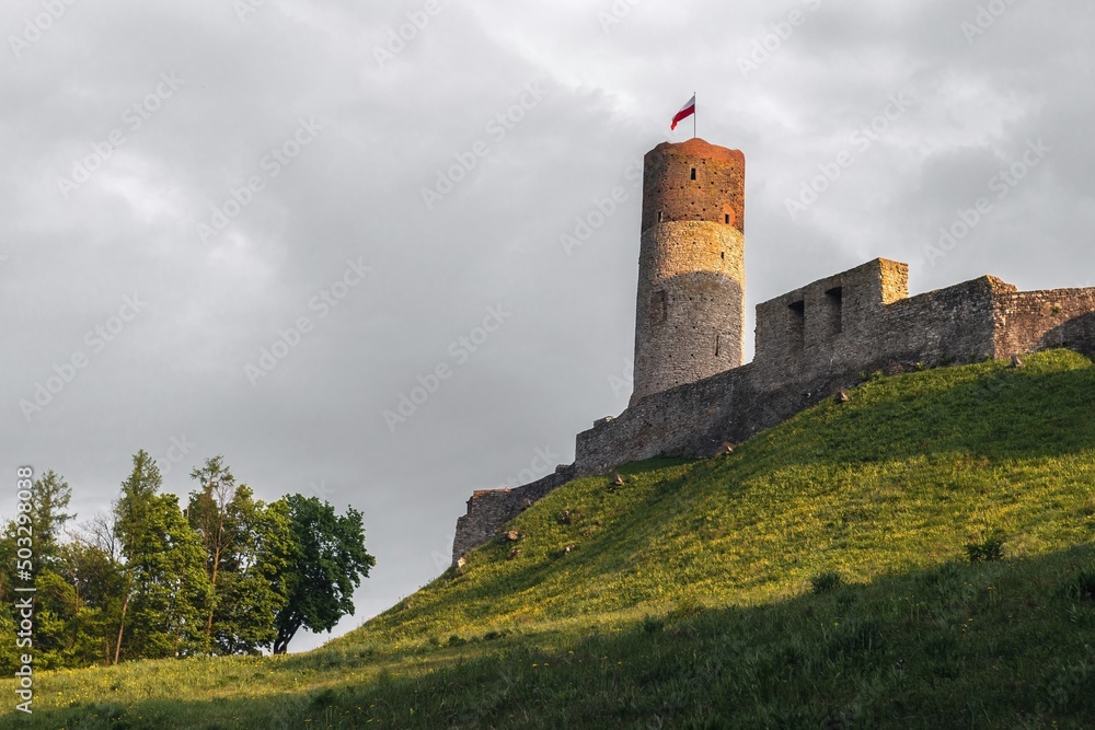 Scenic summer evening landscape of Chęciny Castle (Kielce County, Świętokrzyskie Voivodeship) in Poland 