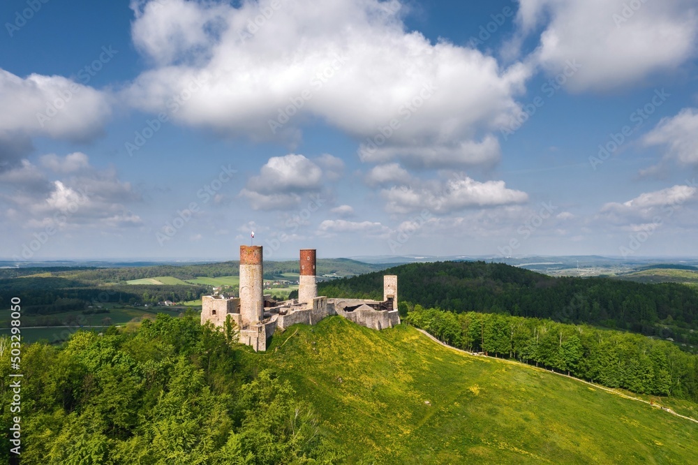 Aerial drone view, scenic summer evening landscape of Chęciny Castle (Kielce County, Świętokrzyskie Voivodeship) in Poland