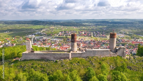 Obraz na płótnie Aerial drone view, scenic summer evening landscape of Chęciny Castle (Kielce County, Świętokrzyskie Voivodeship) in Poland w salonie