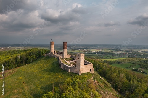 Obraz na płótnie Aerial drone view, scenic summer evening landscape of Chęciny Castle (Kielce County, Świętokrzyskie Voivodeship) in Poland w salonie