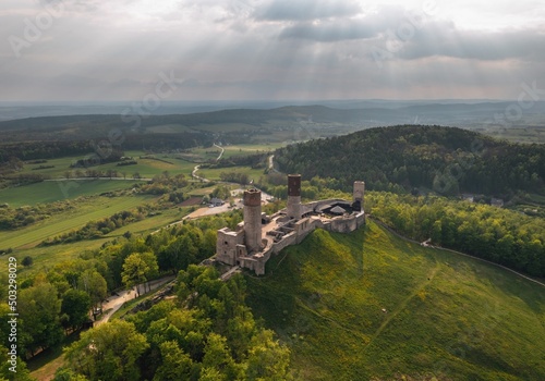 Obraz na płótnie Aerial drone view, scenic summer evening landscape of Chęciny Castle (Kielce County, Świętokrzyskie Voivodeship) in Poland w salonie