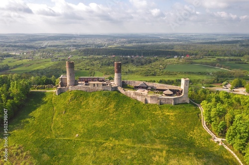 Obraz na płótnie Aerial drone view, scenic summer evening landscape of Chęciny Castle (Kielce County, Świętokrzyskie Voivodeship) in Poland w salonie