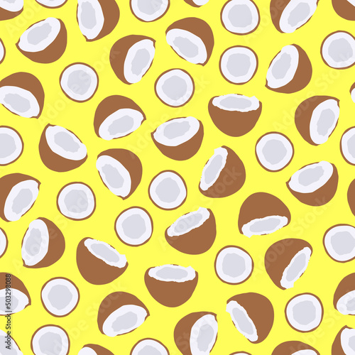 Bright seamless coconut pattern - hand drawn cartoon design. Trendy summer background. Vibrant yellow print, vector illustration