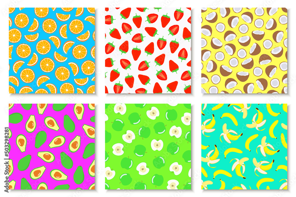 Collection of bright seamless fruits patterns - hand drawn design. Repeatable multicolor summer backgrounds. Vibrant endless prints. Vector illustration