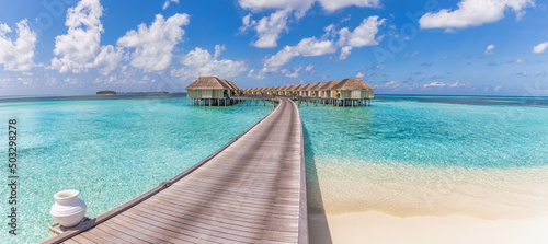 Beautiful Maldives water villa in blue lagoon and blue sky space. Panoramic summer landscape, ocean lagoon with relaxing idyllic cloudy blue sky. Exotic luxury travel background. Amazing Maldives view © icemanphotos