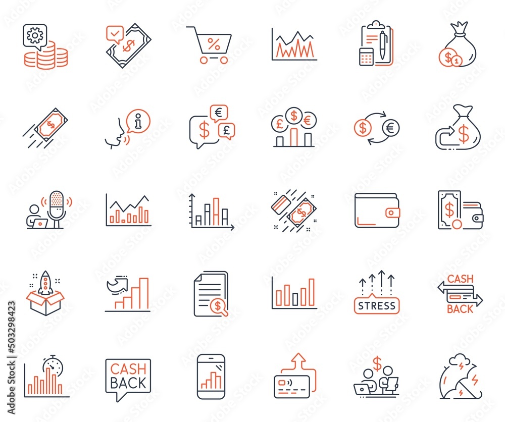 Finance icons set. Included icon as Stress protection, Card and Cashback web elements. Money currency, Fast payment, Currency exchange icons. Special offer, Money wallet, Cash web signs. Vector