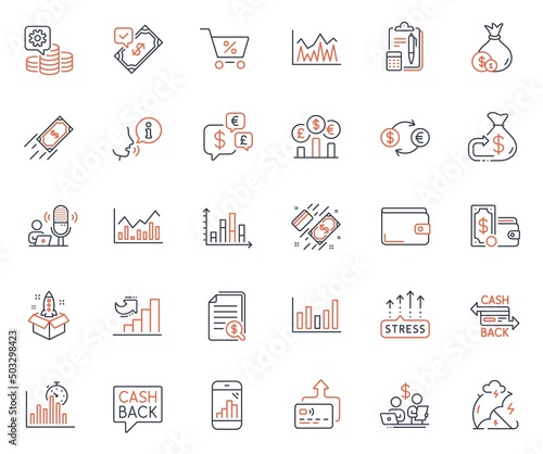 Finance icons set. Included icon as Stress protection, Card and Cashback web elements. Money currency, Fast payment, Currency exchange icons. Special offer, Money wallet, Cash web signs. Vector
